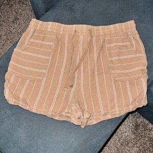 Khaki and White Striped Linen Shorts